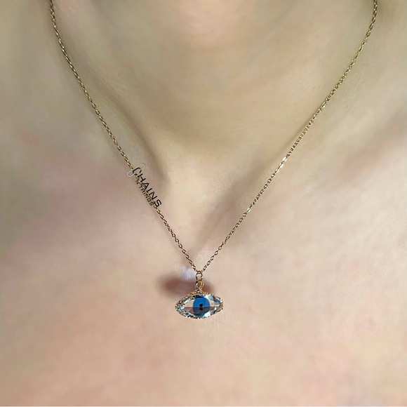 Blue Evil Eye Crystal Charm Necklace Gold plated 16" chain summer boho turkish - Picture 2 of 3